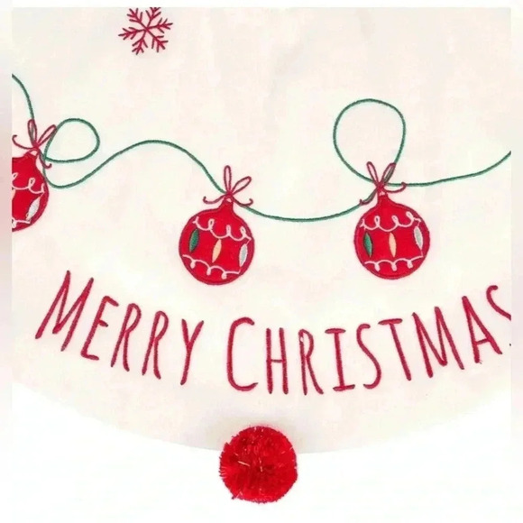 Cream White 32 Inches Christmas Tree Skirt Embroidery Colorful Bright Pompom - Picture 6 of 8